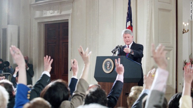 Clinton calls on a reporter during a news conference in the East Room of the White House on March 24, 1994. The President said he would release his tax returns from the late-1970s to answer questions about his Whitewater investment. Six years later, independent counsel Robert Ray closed the Whitewater investigation, clearing the Clintons of any wrongdoing in the real estate scandal.