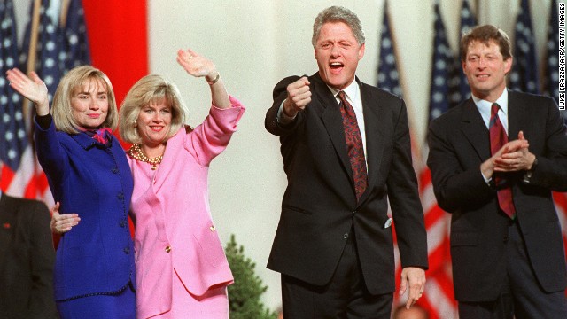 From left, Hillary Clinton, Tipper Gore, Bill Clinton and Al Gore celebrate their successful bid for the White House from the Old State House in Little Rock, Arkansas, on November 4, 1992. Clinton won with 43% of the vote to Bush's 37% and Perot's 19%.