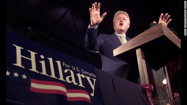 Clinton speaks at a New York Senate fund-raiser on October 22, 2000, at the Bonnie Castle Resort in Alexandria Bay, New York. Clinton attended four fundraisers throughout New York state in support of his wife's Senate campaign. 