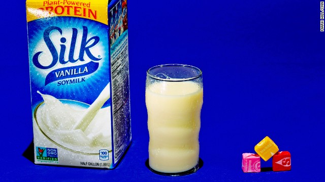 Milk: Silk Vanilla Soymilk. A glass of vanilla soymilk has about 8 grams of sugar, which is equal to the amount found in three Starbursts.