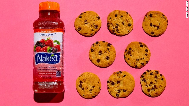 Juice smoothie: Naked Berry Blast. The 15.2-ounce bottle of Naked Berry Blast has 29 grams of sugar. Each of these eight Chips Ahoy! cookies contains about 3.6 grams of sugar. 