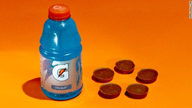 Sports drink: Gatorade Thirst Quencher Cool Blue. This 32-ounce Gatorade bottle has 56 grams of sugar, the same that can be found in approximately five Reese's Peanut Butter Cups.