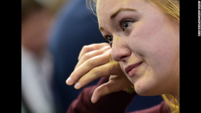 A supporter of an independent Scotland cries as referendum results are announced September 19 in Edinburgh.