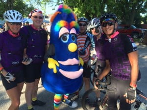 Members of the Chicago Urban Bicycling Society pose met a mysterious monster in Duncombe. From left: Dana Nelson, Brad Prendergast, Kasey Porter (in costume), Gene Steingold, David Goodman and Joe Norber.