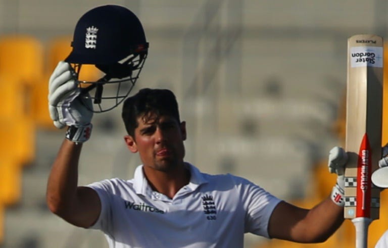 England's Alastair Cook celebrates after scoring 263 against Pakistan during a Test match in Abu Dhabi, on October 16, 2015