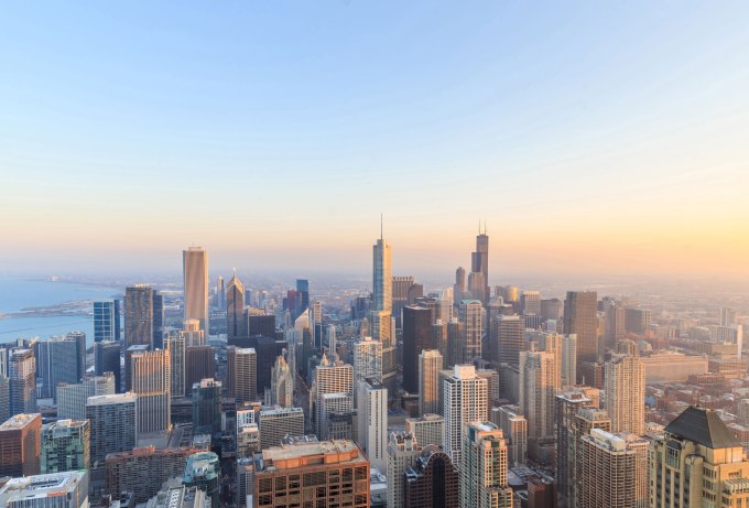 City of Chicago. Aerial view of Chicago downtown at sunset from high above.
