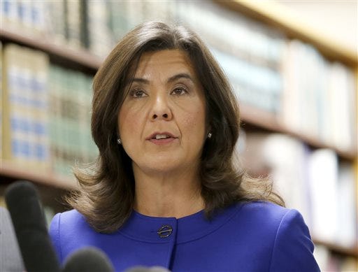 FILE - In this Nov. 24, 2015 file photo, Cook County State's Attorney Anita Alvarez speaks at a news conference in Chicago. Alvarez, the first woman and first Hispanic to serve as Cook County State's Attorney, was facing a tough 2016 re-election even before the footage of Officer Jason Van Dyke shooting Laquan McDonald 16 times in October 2014 became public last week. Since then, a majority of the City County’s Latino aldermen and U.S. Rep. Luis Gutierrez, key political supporters, said they’ll no longer back her. (AP Photo/Charles Rex Arbogast, File)