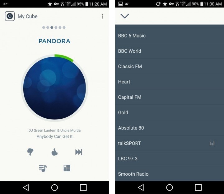 The Sugr Cube app streaming Pandora (left) and playing a radio station (right).