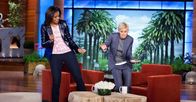 First Lady Michelle Obama and Ellen DeGeneres dance during a taping of “The Ellen DeGeneres Show” marking the second anniversary of the "Let’s Move!" initiative, in Burbank, Calif., Feb. 1, 2012. (Official White House Photo by Chuck Kennedy)

This official White House photograph is being made available only for publication by news organizations and/or for personal use printing by the subject(s) of the photograph. The photograph may not be manipulated in any way and may not be used in commercial or political materials, advertisements, emails, products, promotions that in any way suggests approval or endorsement of the President, the First Family, or the White House.