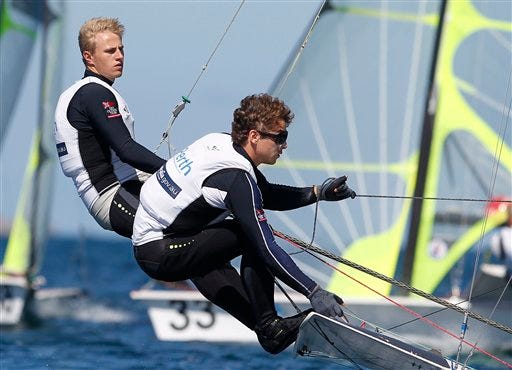 FILE - In this Dec 16, 2011 file photo, Germany's Erik Heil and Thomas Ploessel compete in the men's 49er skiff gold fleet 1 race 10 at the Sailing Championships in Perth, Australia. Heil had to be treated at a Berlin hospital for MRSA, a flesh-eating bacteria, shortly after sailing in an Olympic test event in August at Rio de Janeiro, Brazil, where tests by The Associated Press have found high contamination in waters to be used in the 2016 Olympics. (AP Photo/Theron Kirkman, File)
