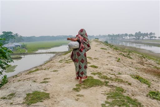 In this Nov. 17, 2015 photo, a woman walks on a dam built by the government in the island district of Bhola, where the Meghna River spills into the Bay of Bengal, Bangladesh. Though Prime Minister Sheikh Hasina has been internationally recognized for raising awareness of climate-change issues, Bangladesh has no specific plan for dealing with its own people displaced by climate-related disasters, other than offering them temporary shelter. (AP Photo/Shahria Sharmin)