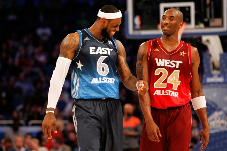 Either Kobe Bryant (R) or LeBron James, pictured at an All-Star Game on February 26, 2012, has appeared in every finals since 2007, but the two men never met
