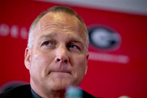 Georgia head football coach Mark Richt ponders a report's question during a news conference to discuss his departure from Georgia Monday, Nov. 30, 2015, in Athens, Ga. University of Georgia Athletic Director McGarity said in a statement released by the school the two 