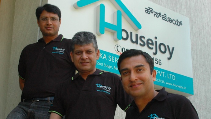 Housejoy Founders Arjun Mendu and Sunil Goel with CEO Saran Chatterjee