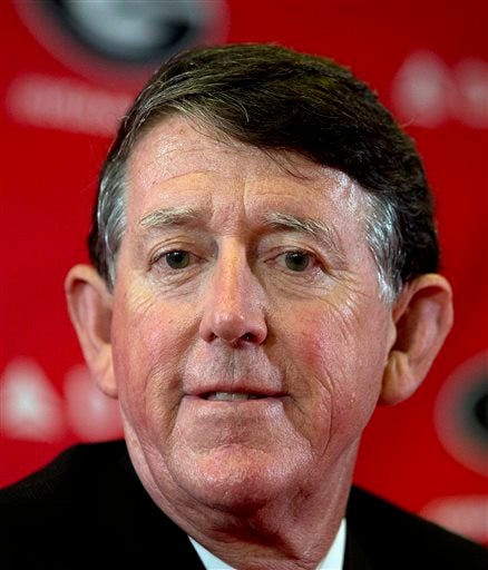 University of Georgia athletic directer Greg McGarity looks on during a news conference to discuss the departure of head football coach Mark Richt, Monday, Nov. 30, 2015, in Athens, Ga.  McGarity said in a statement released by the school the two 