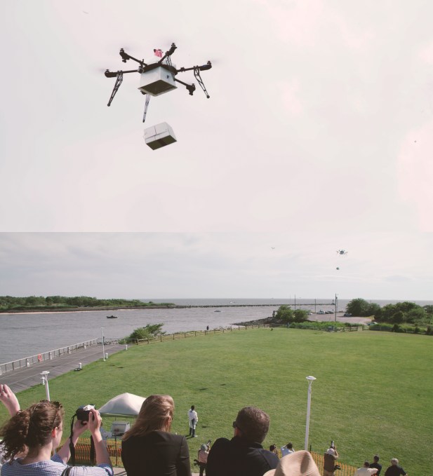 Flirtey's drone delivers medical supplies from ship to shore in New Jersey.
