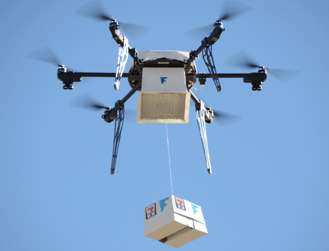 A Flirtey drone delivers hot and cold food from a 7-Eleven store to a customer nearby in Reno, Nevada.