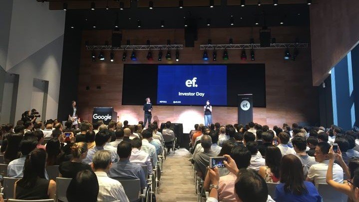 Entrepreneur First co-founders Matt Clifford and Alice Bentinck address the crowd at the company's first Singapore demo day
