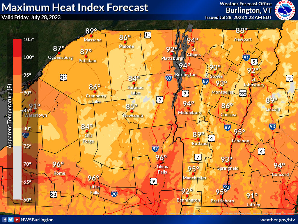 A map showing the maximum heat index forecast.
